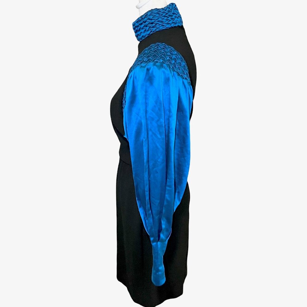 Galanos Vintage Blue and Black Long Puff Sleeve Turtleneck Party Dress Size XS - Picture 2 of 13